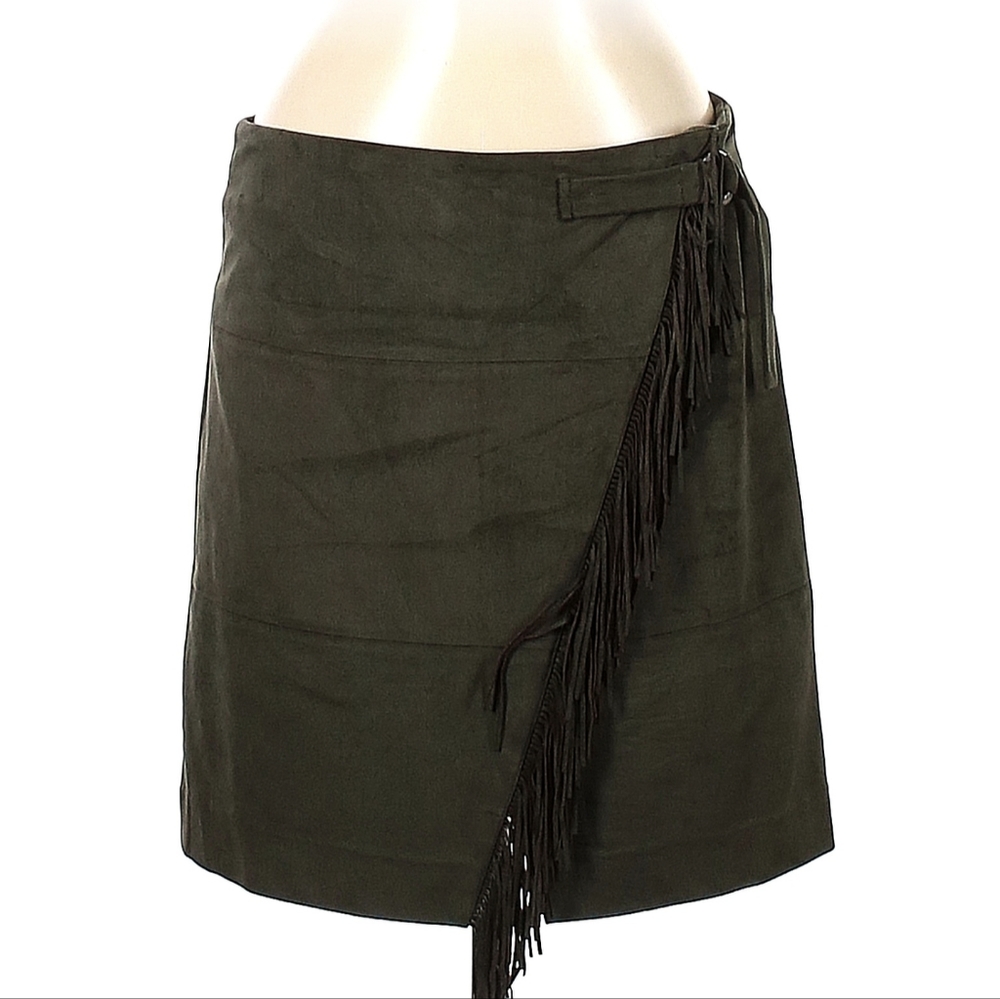 Marie Oliver Fringe A-line Skirt Olive Green Faux Suede Size 8